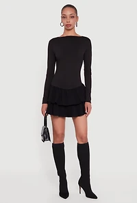 Rib Knit Long Sleeve Ruffle Tiered Mini Dress