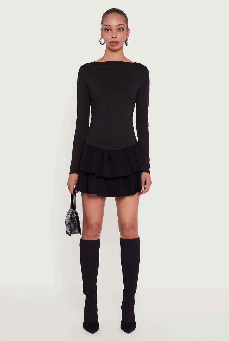 Rib Knit Long Sleeve Ruffle Tiered Mini Dress