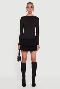 Rib Knit Long Sleeve Ruffle Tiered Mini Dress