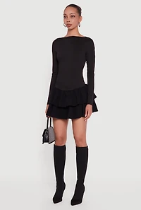 Womens Rib Knit Long Sleeve Ruffle Tiered Mini Dress, Black,