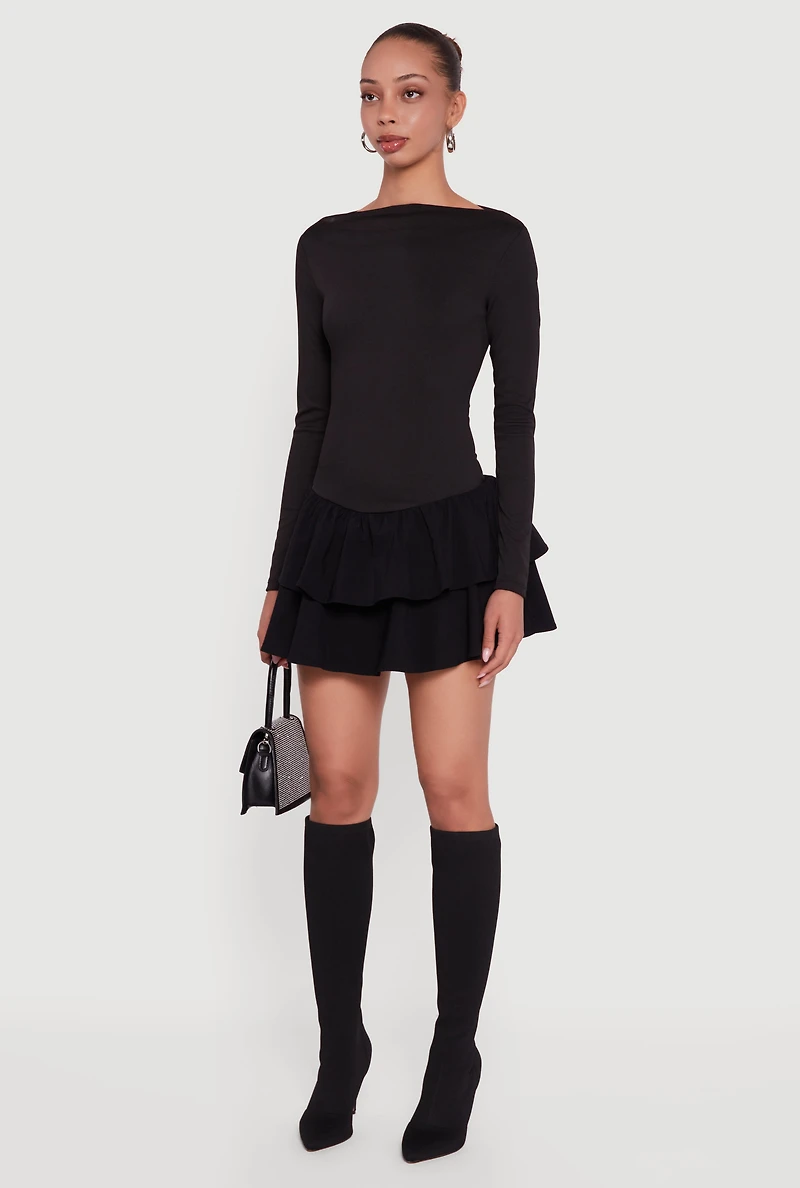 Rib Knit Long Sleeve Ruffle Tiered Mini Dress