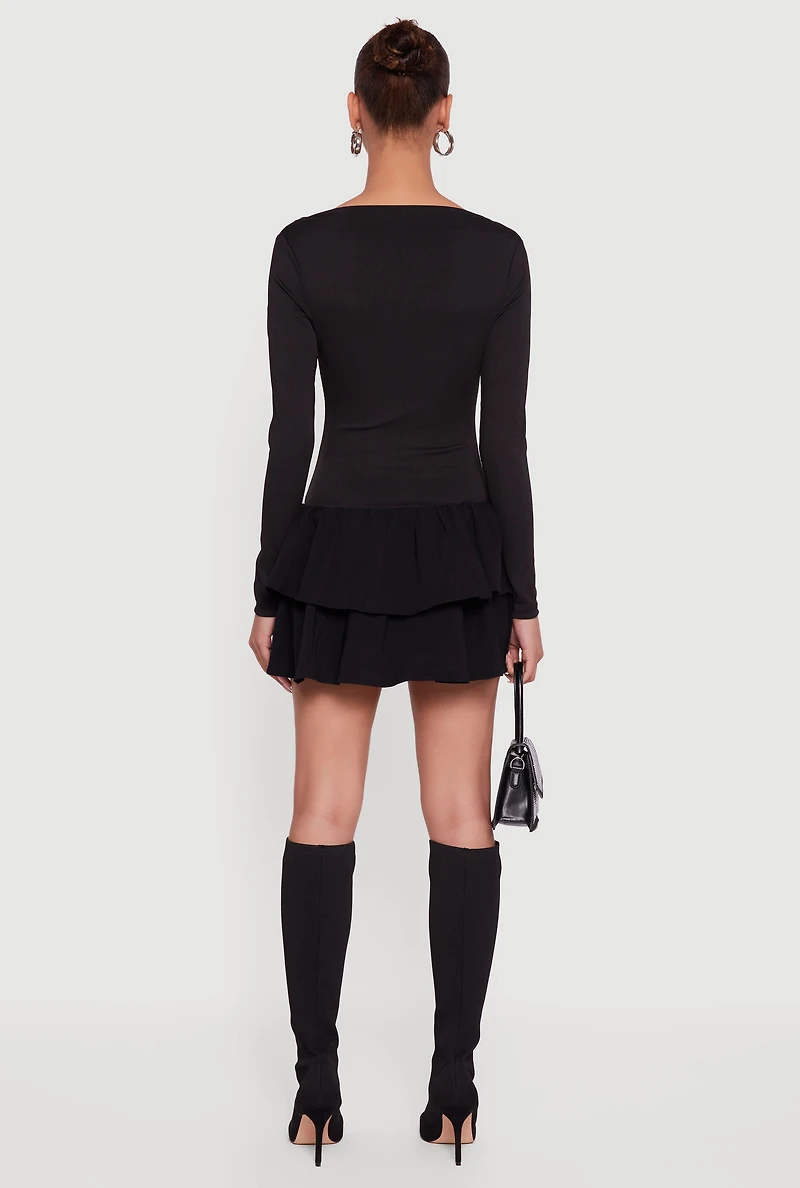 Womens Rib Knit Long Sleeve Ruffle Tiered Mini Dress, Black,