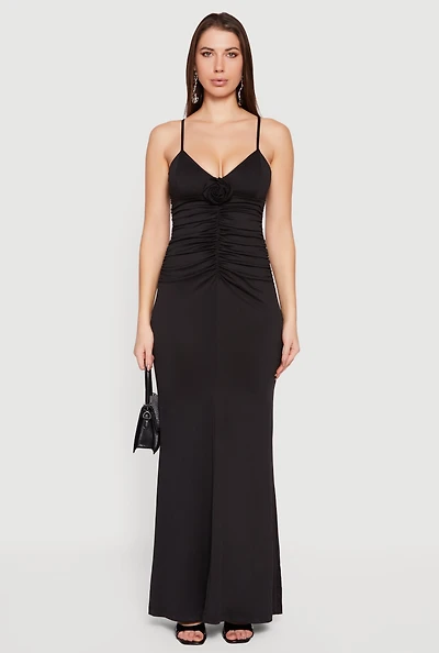 Rosette Ruched Sleeveless Maxi Dress