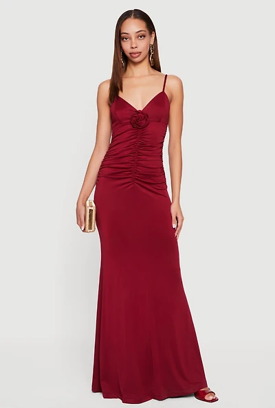 Rosette Ruched Sleeveless Maxi Dress