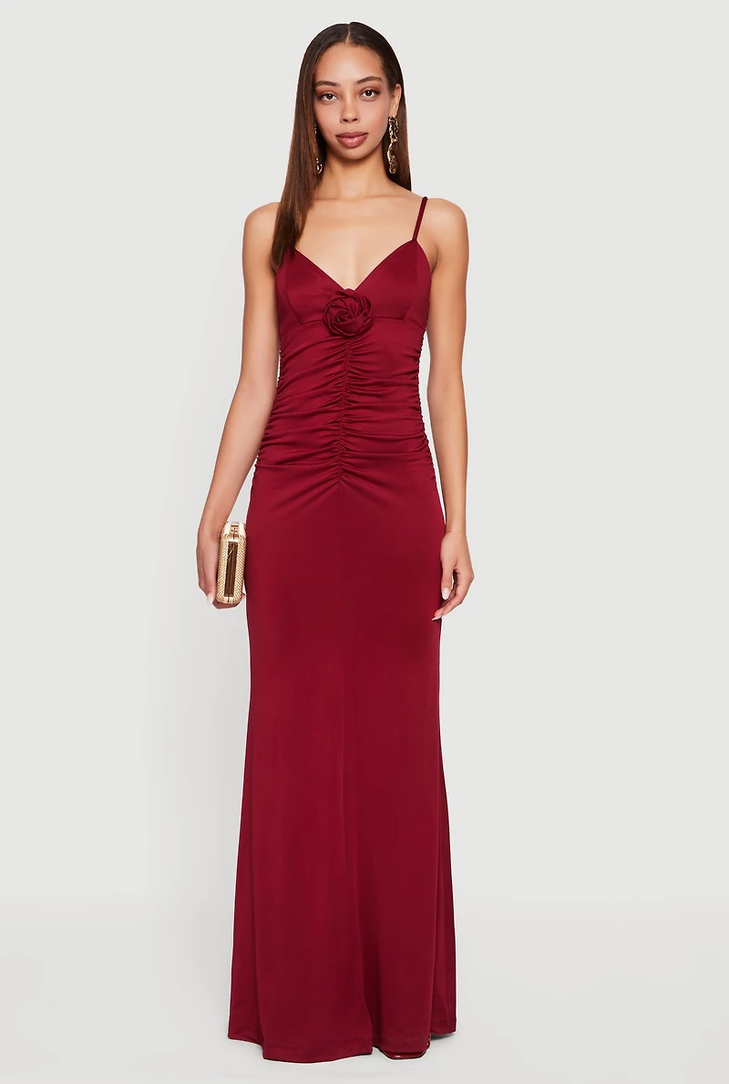 Womens Rosette Ruched Sleeveless Maxi Dress, Burgundy,