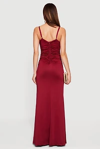 Womens Rosette Ruched Sleeveless Maxi Dress, Burgundy,
