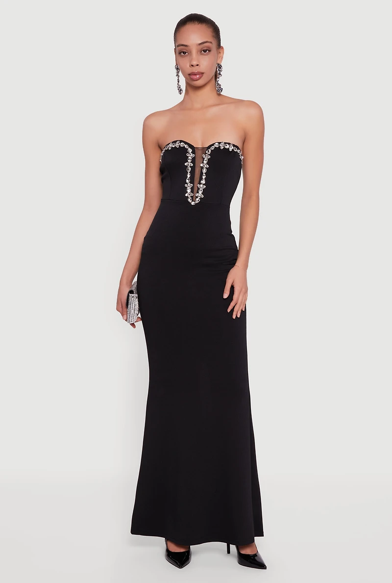 Rhinestone Plunge Trim Detail Mermaid Dress