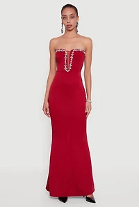 Rhinestone Plunge Trim Detail Mermaid Dress