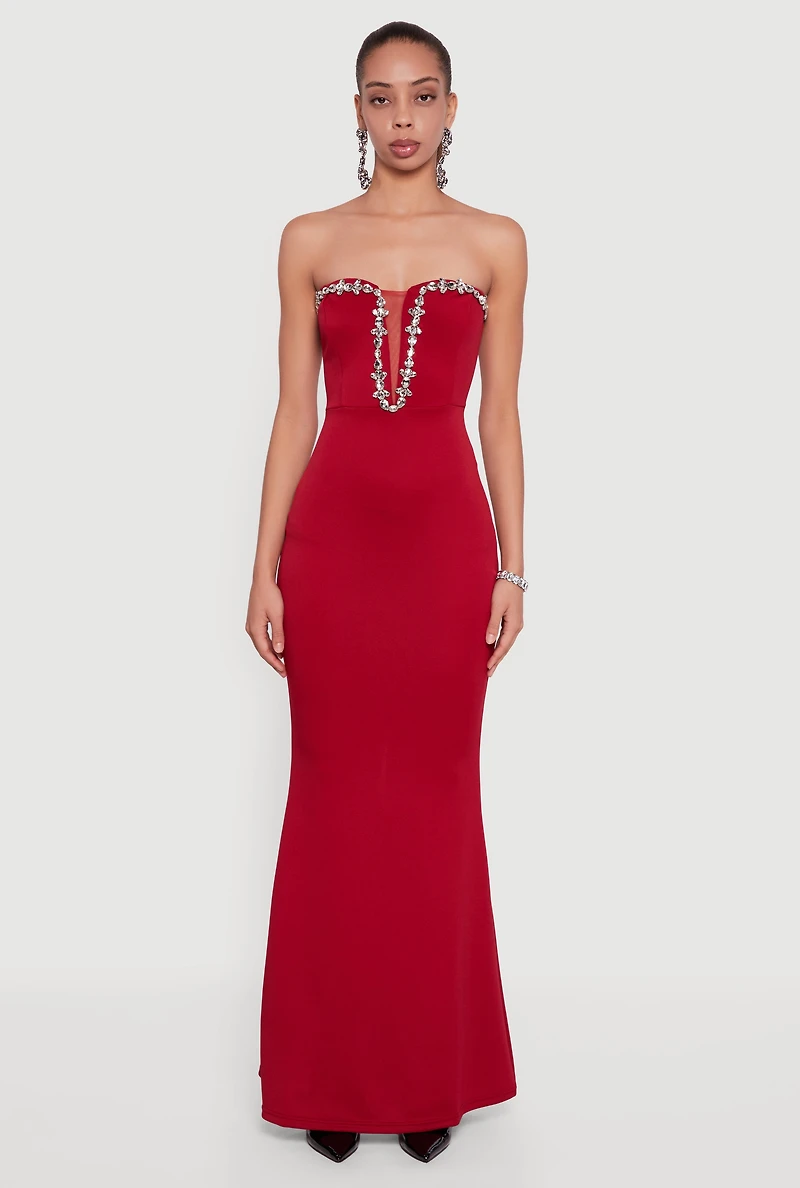 Rhinestone Plunge Trim Detail Mermaid Dress