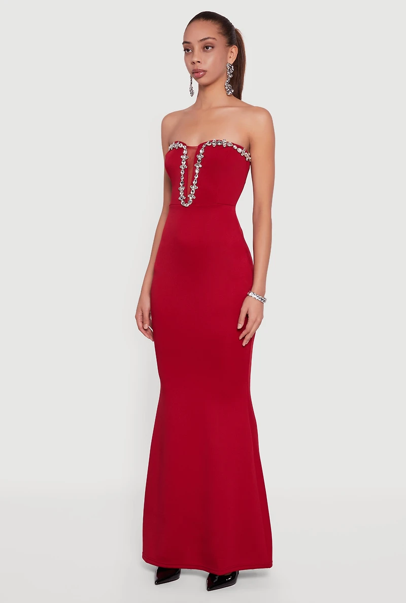 Rhinestone Plunge Trim Detail Mermaid Dress