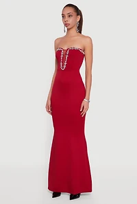 Rhinestone Plunge Trim Detail Mermaid Dress