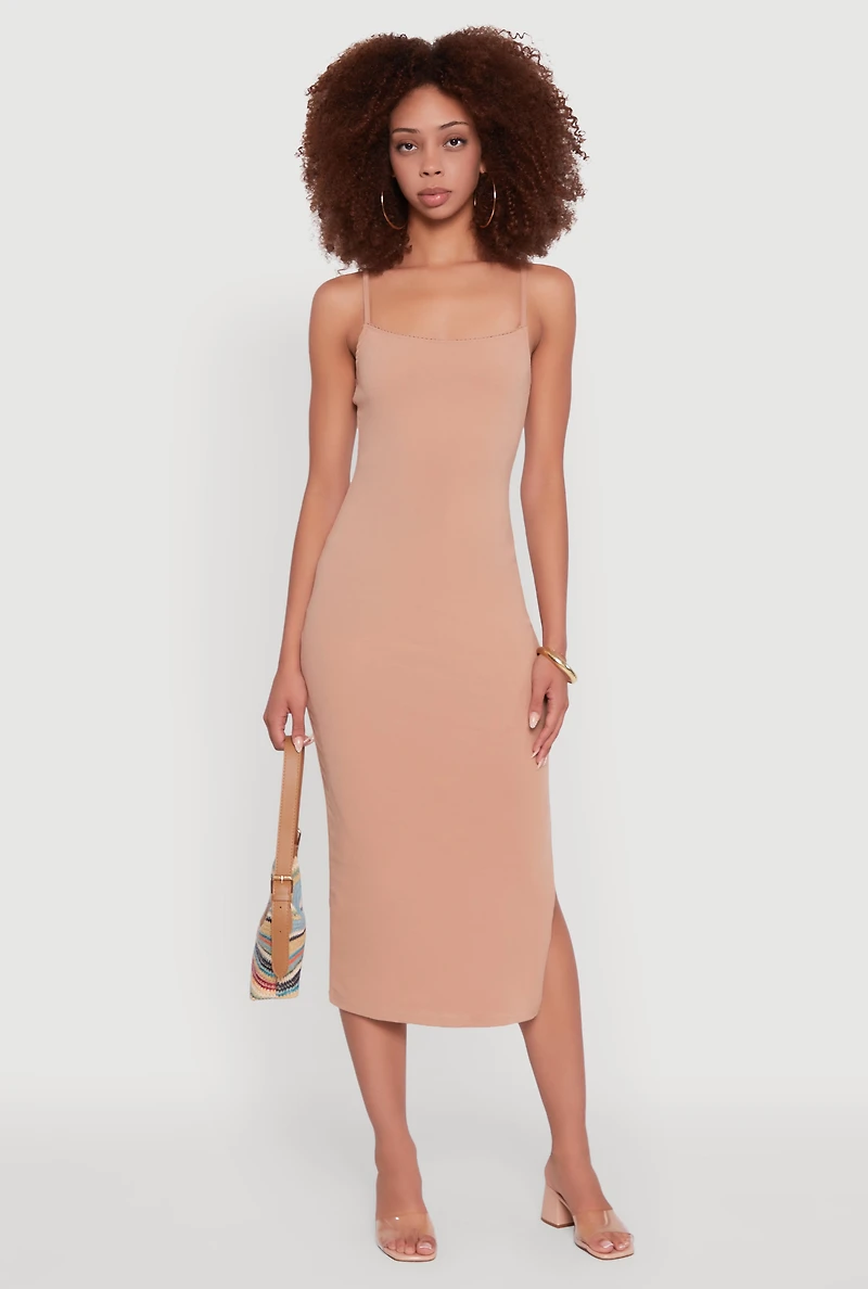 Womens Trendy Scoop Neck Solid Cami Dress, Beige, Size S