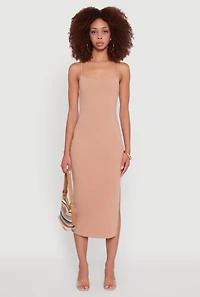 Womens Trendy Scoop Neck Solid Cami Dress, Beige, Size S