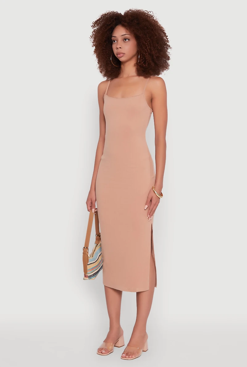 Womens Trendy Scoop Neck Solid Cami Dress, Beige, Size S