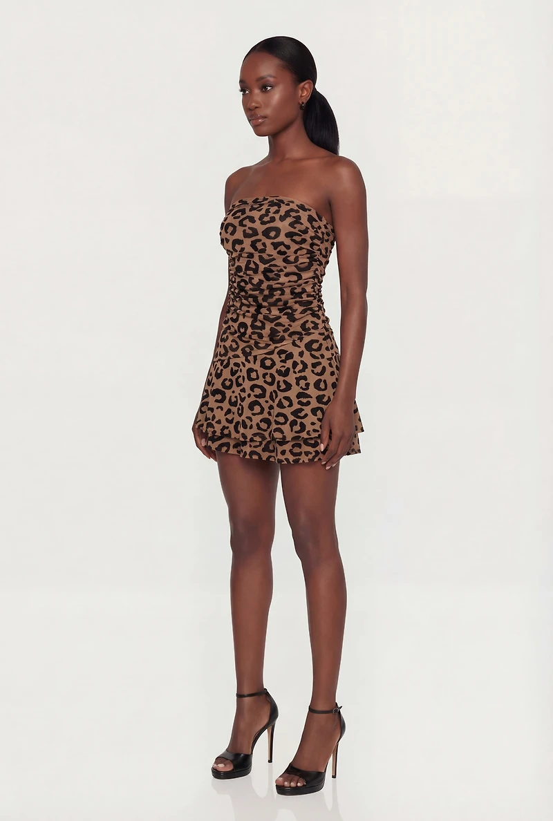 Leopard Velvet Burnout Strapless Tiered Mini Dress