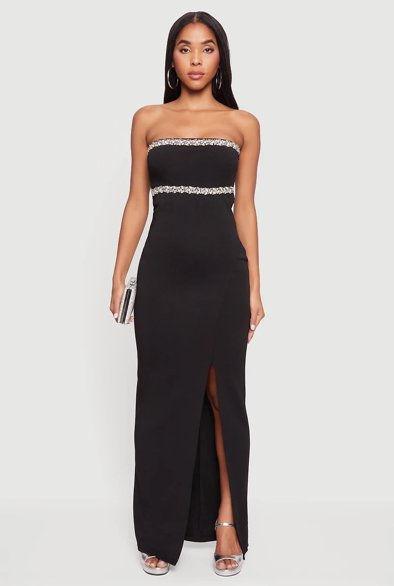 Gemstone Trim Strapless Maxi Dress with Side Slit