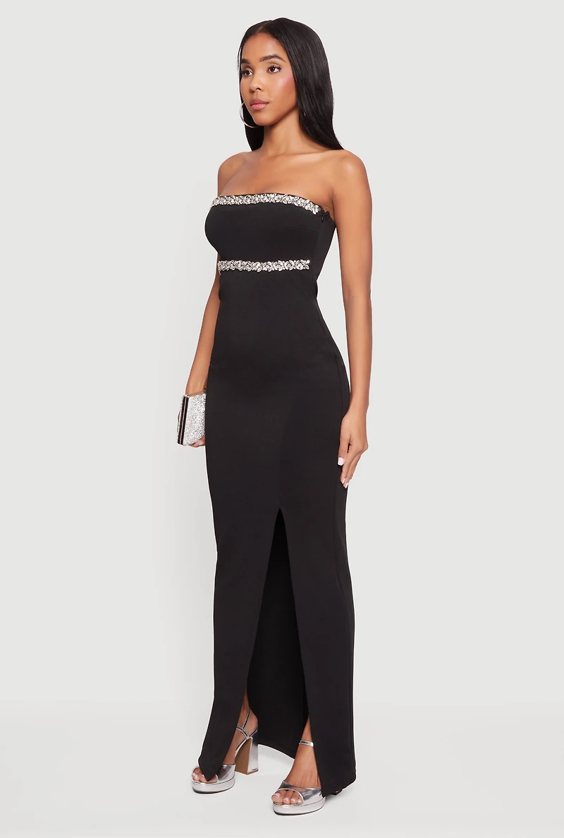 Gemstone Trim Strapless Maxi Dress with Side Slit