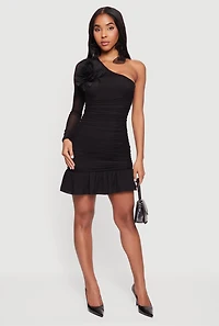 Flower Detail Ruched One Shoulder Mini Dress