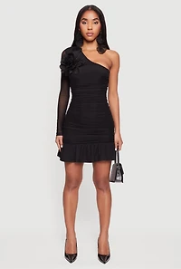 Flower Detail Ruched One Shoulder Mini Dress