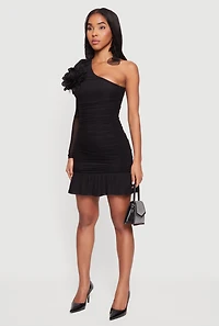Womens Flower Detail Ruched One Shoulder Mini Dress, Black, Size M