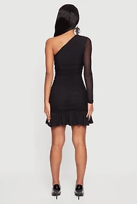 Flower Detail Ruched One Shoulder Mini Dress