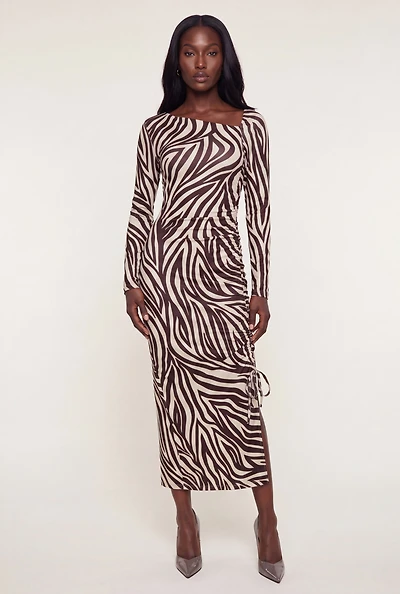Ruched Side Slit Zebra Print Dress
