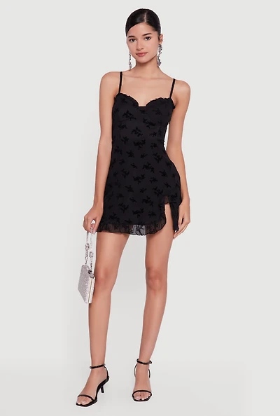 Womens Floral Velvet Burnout Ruffle Hem Mini Dress, Black, Size M