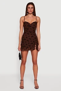 Womens Floral Velvet Burnout Ruffle Hem Mini Dress, Brown, Size M