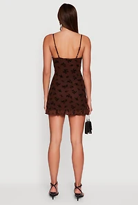 Womens Floral Velvet Burnout Ruffle Hem Mini Dress, Brown, Size M