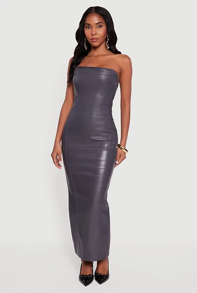 Faux Leather Fleece Lined Maxi Tube Dress