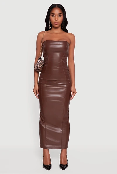 Womens Faux Leather Fleece Lined Maxi Tube Dress, Brown, Size S