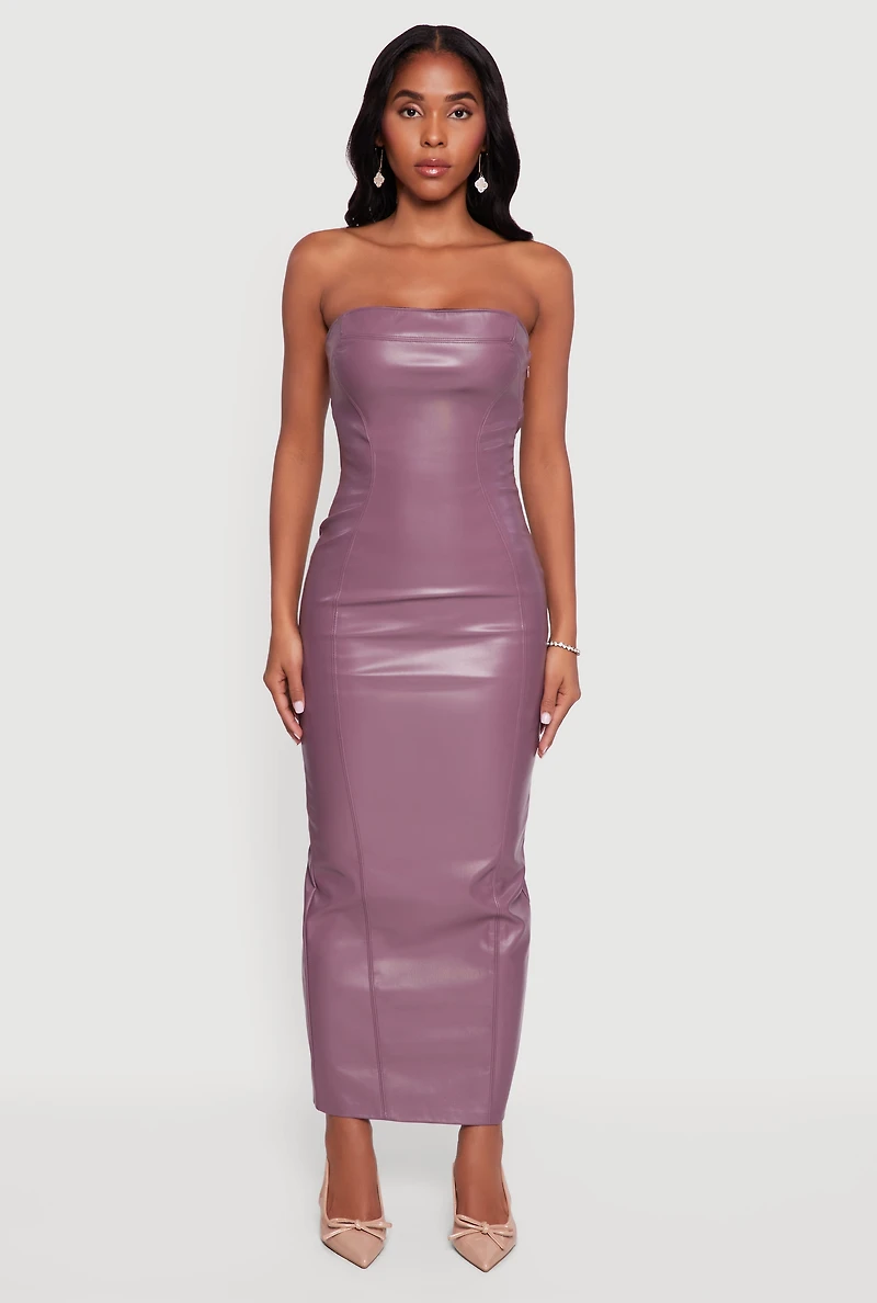 Faux Leather Fleece Lined Maxi Tube Dress