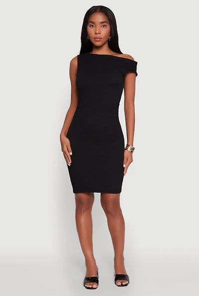 Womens Textured Knit One Shoulder Bodycon Dress,