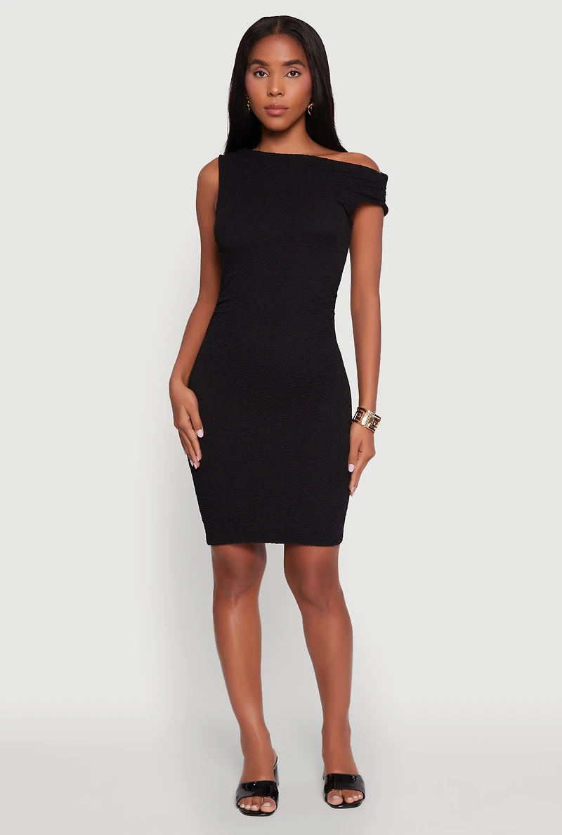 Womens Textured Knit One Shoulder Bodycon Dress, S