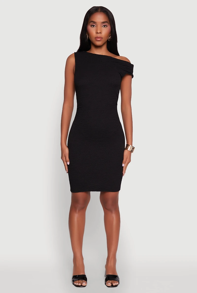 Womens Textured Knit One Shoulder Bodycon Dress, Black, Size S