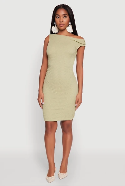 Womens Textured Knit One Shoulder Bodycon Dress, Green, Size L