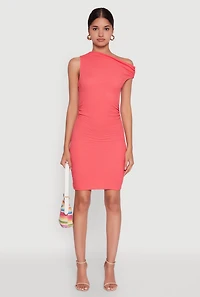 Womens Textured Knit One Shoulder Bodycon Dress, Pink, Size S