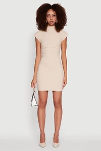 Womens Brushed Ribbed Knit Mock Neck Dolman Cap Sleeve Dress, Beige, Size L
