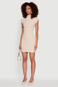 Womens Brushed Ribbed Knit Mock Neck Dolman Cap Sleeve Dress, Beige, Size L