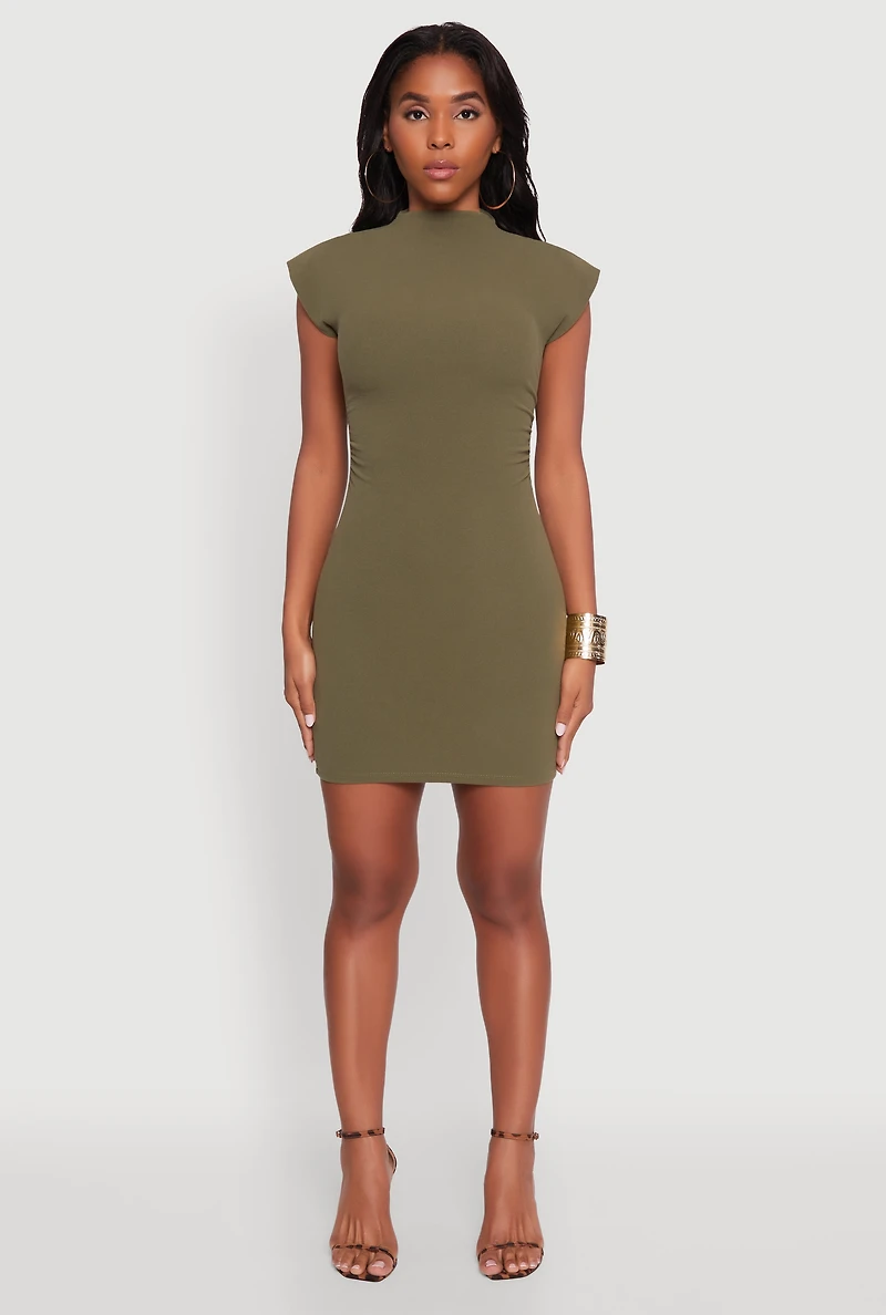 Brushed Ribbed Knit Mock Neck Dolman Cap Sleeve Dress