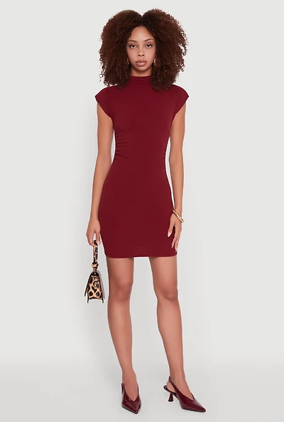 Womens Brushed Ribbed Knit Mock Neck Dolman Cap Sleeve Dress,