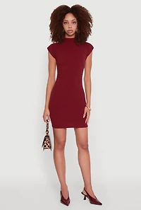 Brushed Ribbed Knit Mock Neck Dolman Cap Sleeve Dress