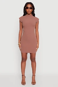 Brushed Ribbed Knit Mock Neck Dolman Cap Sleeve Dress