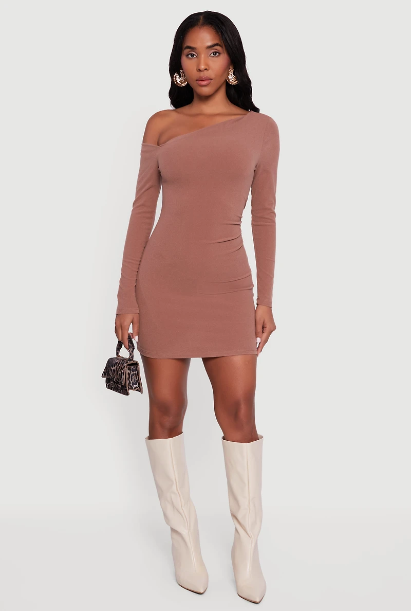 Womens One Shoulder Long Sleeve Bodycon Dress,