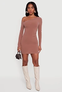 Womens One Shoulder Long Sleeve Bodycon Dress, Brown,