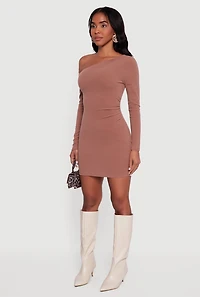 Womens One Shoulder Long Sleeve Bodycon Dress, Brown,