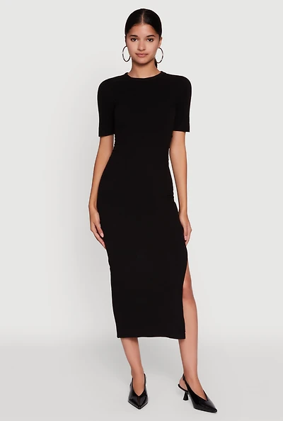 Womens Ribbed Knit Side Ruch Side Slit Midi Dress, Black, Size M