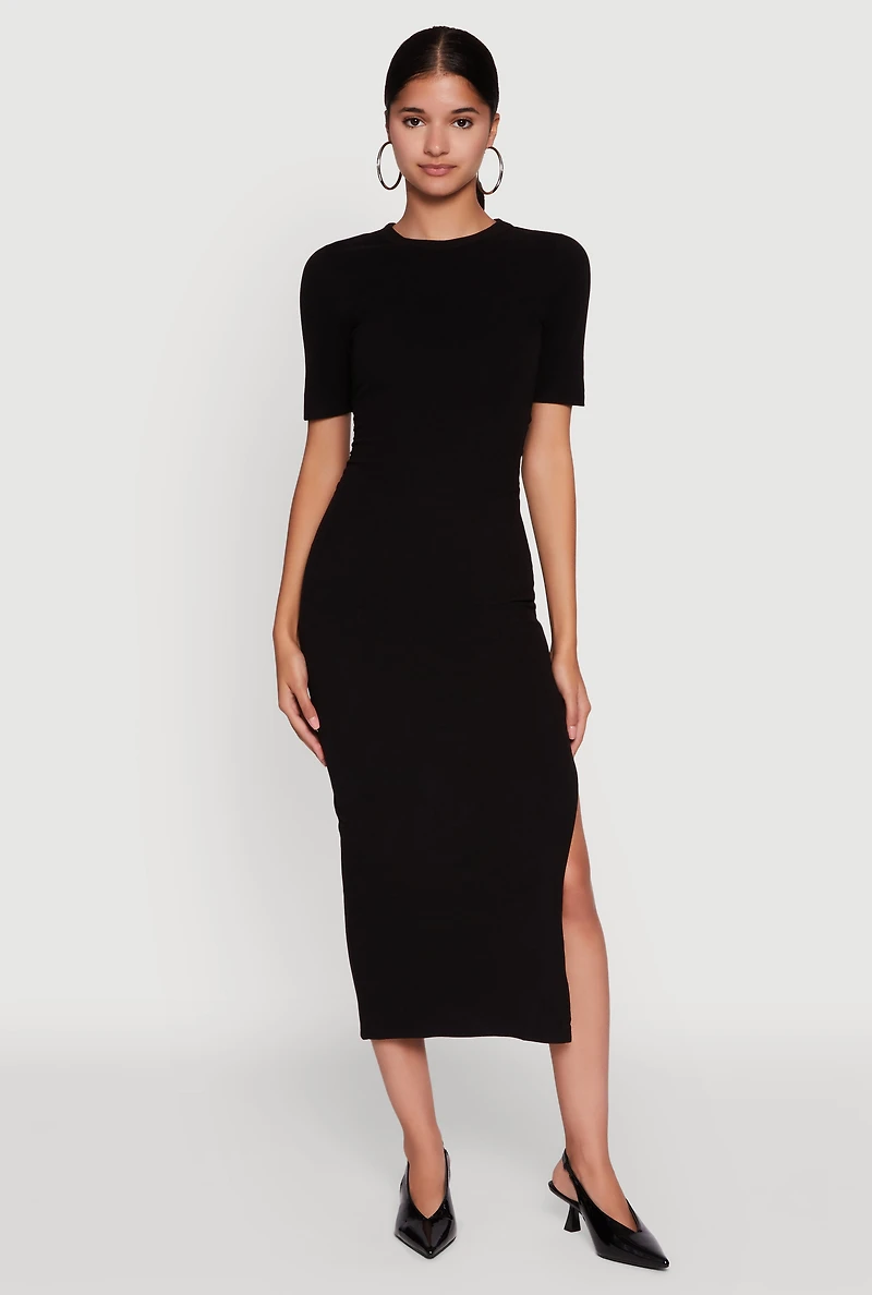 Womens Ribbed Knit Side Ruch Side Slit Midi Dress, Black, Size L