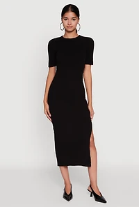 Womens Ribbed Knit Side Ruch Side Slit Midi Dress, Black, Size L