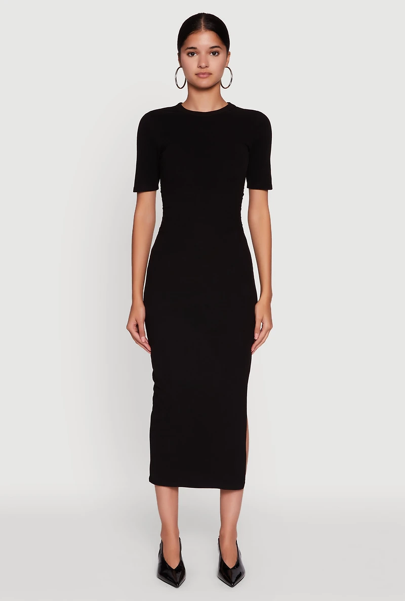 Womens Ribbed Knit Side Ruch Side Slit Midi Dress, Black, Size L